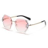 Cross border rhinestone frameless cut edge sunglasses for women's Instagram high-end, large face slimming, UV resistant diamond studded sunglasses