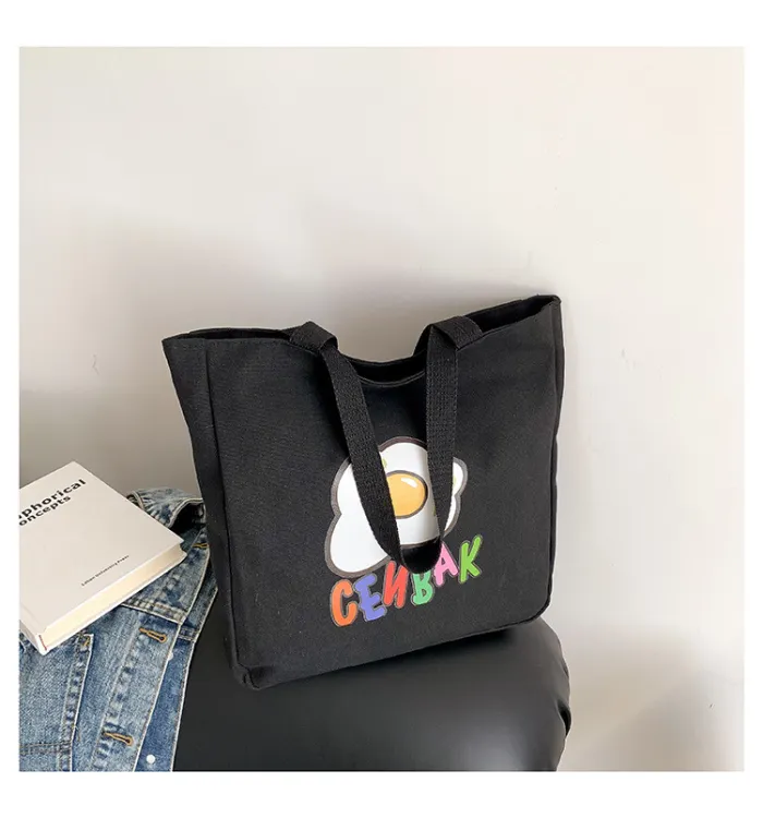 Japanese canvas bag, women's large capacity shoulder bag, smiling face printed tote bag, ins, Korean style artistic handbag for going out