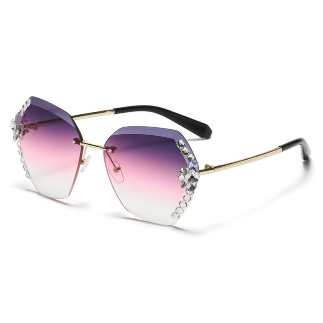 Cross border rhinestone frameless cut edge sunglasses for women's Instagram high-end, large face slimming, UV resistant diamond studded sunglasses