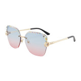 Diamond inlaid new cross-border frameless crystal cut polygonal glasses UV resistant sunglasses for women retro trendy sunglasses