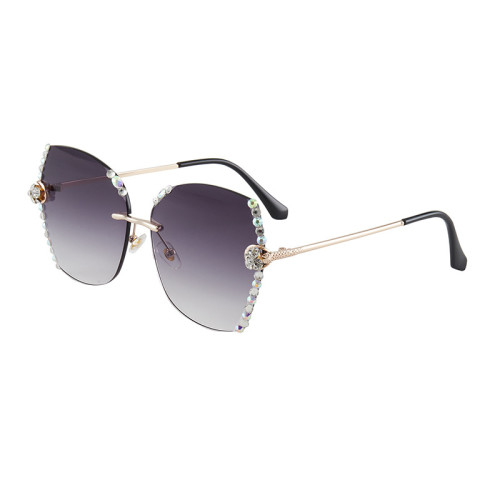 Diamond studded sunglasses for women. Instagram with a large face, slimming effect, half frame cut edges, trendy round face, retro Hong Kong style, internet celebrity, large frame sunglasses
