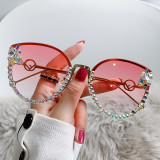 New diamond studded cat eye retro sunglasses, large frame sunglasses, women's metal leg hollowed out cross-border sunshades