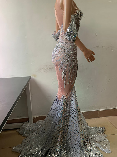 Novance fashion new arrivals bright crystal sequins elegant fishnet dress off the shoulder wedding dress