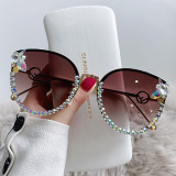 New diamond studded cat eye retro sunglasses, large frame sunglasses, women's metal leg hollowed out cross-border sunshades