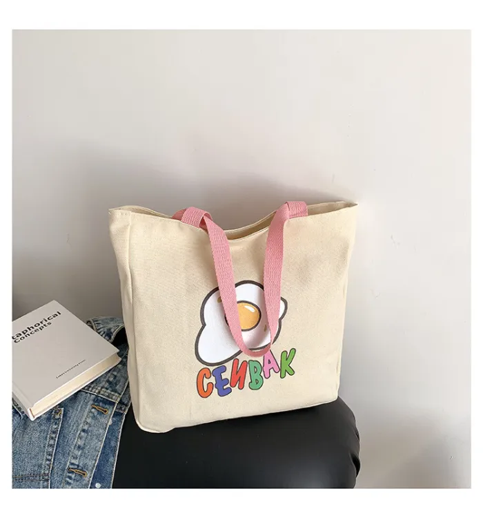 Japanese canvas bag, women's large capacity shoulder bag, smiling face printed tote bag, ins, Korean style artistic handbag for going out