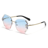Cross border rhinestone frameless cut edge sunglasses for women's Instagram high-end, large face slimming, UV resistant diamond studded sunglasses