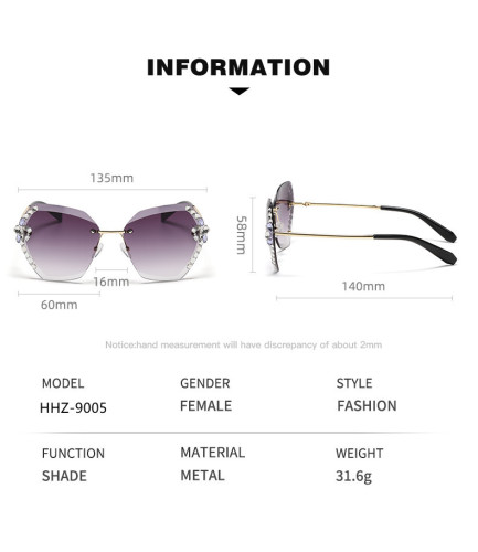 Cross border rhinestone frameless cut edge sunglasses for women's Instagram high-end, large face slimming, UV resistant diamond studded sunglasses