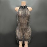 Amazon Cross border European and American Sexy Mesh Diamond Chain Tight Wrapped Hip Dress Female Singer Stage Performance Clothing