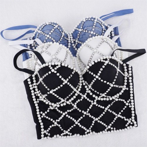 Cross border hot selling Amazon denim bra with chest cushion shaping top, beautiful back, studded beads, camisole, women's trend