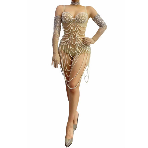 Cross border hot selling European and American rhinestones, pearls, tight fitting ultra short dresses, evening dresses, female singers, performance costumes, jumpsuits