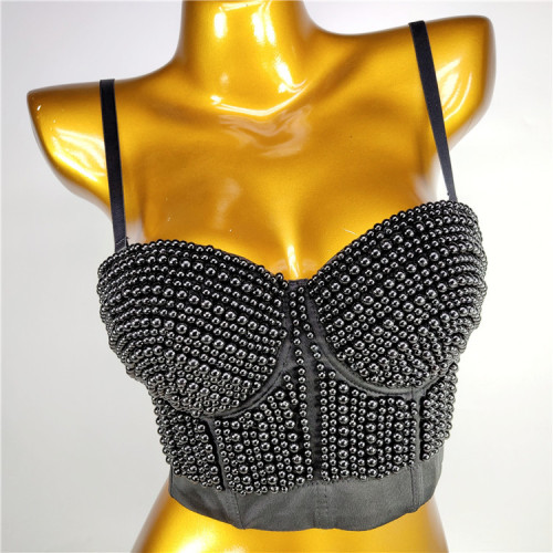 Spot manufacturer: Heavy Industry Pearl Nail Bead Sling with Bra Short Top Summer Sexy Gathering Bra for Women's Outwear