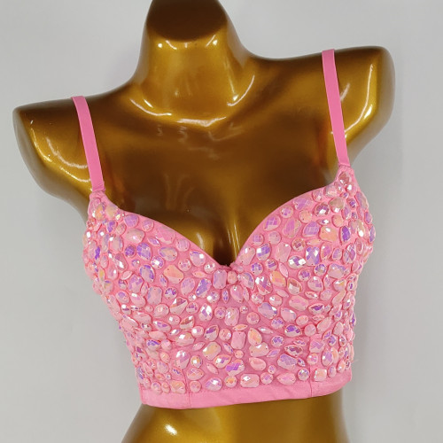 Cross border supply of bouncy women's clothing, pink studded beads, bras, suspenders, sexy women's small vests, studded diamonds, bras, external wear in stock