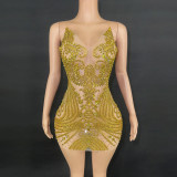 Cross border hot selling rhinestone mesh lace tight fitting ultra short dress mini skirt female singer evening dress performance dress