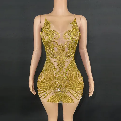 Cross border hot selling rhinestone mesh lace tight fitting ultra short dress mini skirt female singer evening dress performance dress
