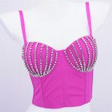 New thin mold cup rose red multi-color rhinestone lingerie can be worn externally with fishbone slim fit bra and punk top