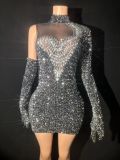 Black glitter single shoulder sleeve with glove patchwork sexy perspective mesh rhinestone tight mini dress