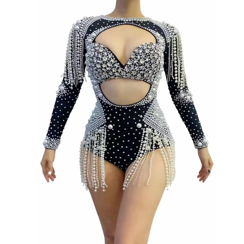 Cross border hot selling European and American rhinestones, pearls, tight fitting ultra short dresses, evening dresses, female singers, performance costumes, jumpsuits