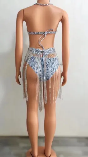 European and American female singer stage performance attire, diamond chain tassel strapless dress, formal dress, performance attire