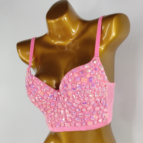 Cross border supply of bouncy women's clothing, pink studded beads, bras, suspenders, sexy women's small vests, studded diamonds, bras, external wear in stock