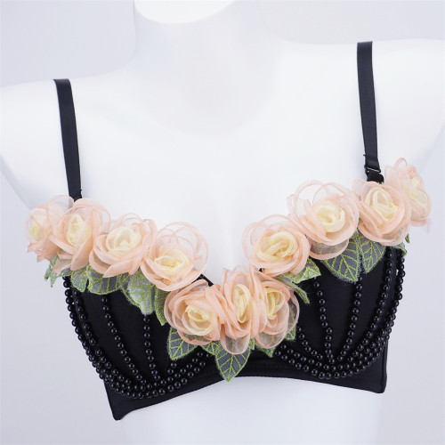 Eugenia floral suspender worn on stage, beautiful back, fishbone bra, pure desire, colorful floral top for women