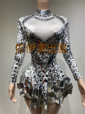 Costume white sequin skirt long sleeved tight fitting suit, popular cross-border bar performance clothing in Europe and America