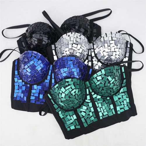 Hot selling multi-color sequin studded corset for stage performance, removable bra with steel hoop on shoulder, no need to wear underwear on suspender