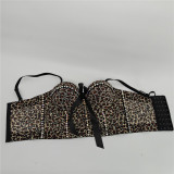 Leopard print mesh colored diamond bow fishbone bra