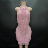 Amazon Cross border European and American Sexy Mesh Diamond Chain Tight Wrapped Hip Dress Female Singer Stage Performance Clothing