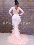 New cross-border hot selling sexy rhinestone floor mopping dress with feather patchwork birthday party dress in Europe and America