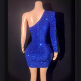New European and American style blue fine sparkling sequins sexy hollow out diagonal shoulder design dress evening dress