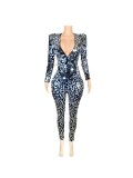 Hot selling European and American feng shui diamond sequin jumpsuit, elastic wrap buttocks jumpsuit, stage performance suit, velvet pants