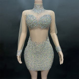 Cross border hot selling rhinestone pearl mesh tight fitting ultra short dress mini skirt performance dress female singer evening dress