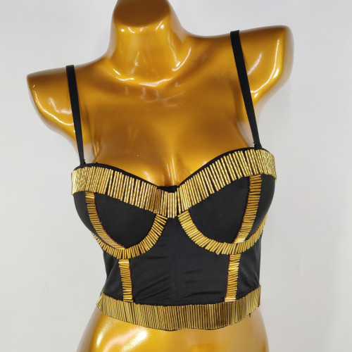 European and American gold pipe studded bead underwear with shiny diamond shapewear on the outside, mesh vest on the inside, and dance dance dance dancing suspender for women