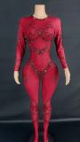 Hot selling European and American feng shui diamond sequins, mesh transparent long sleeved jumpsuit, elastic stage performance suit, buttocks wrapped jumpsuit