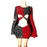Cross border hot selling sequins in Europe and America, long sleeved hollowed out short skirts, mini skirts, evening dresses, nightclubs, female singer performance costumes