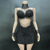 Cross border hot selling rhinestone pearl mesh tight fitting ultra short dress mini skirt performance dress female singer evening dress