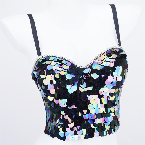 Tiktok New Live Broadcast Hot Selling Stud Bead Fish Bone Sling Outwear Bra Short Tight Spicy Girl Sequin Bra