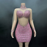 Cross border hot selling rhinestone pearl mesh tight fitting ultra short dress mini skirt performance dress female singer evening dress