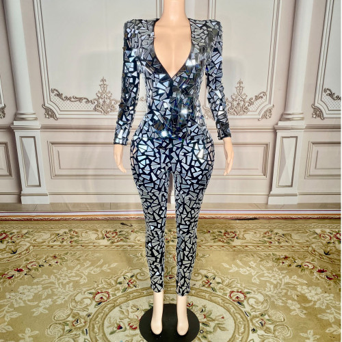 Hot selling European and American feng shui diamond sequin jumpsuit, elastic wrap buttocks jumpsuit, stage performance suit, velvet pants