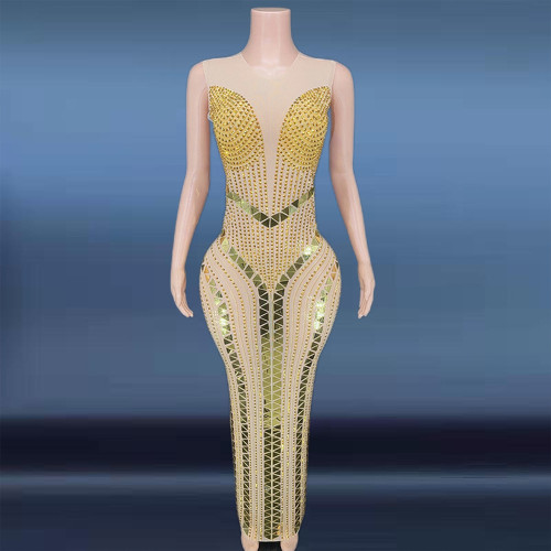 Cross border hot selling European and American style transparent mesh sequin wrap hip skirt sleeveless sexy tight fitting long dress evening dress performance suit