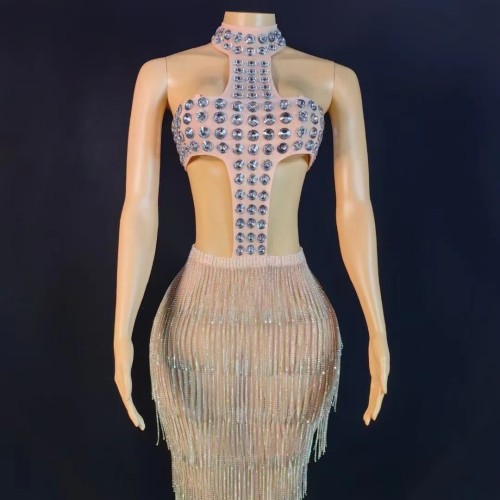 Cross border exclusive Costume for European and American internet celebrities, pearl tassels, buttocks, long skirts, high elasticity bar singers, and performances