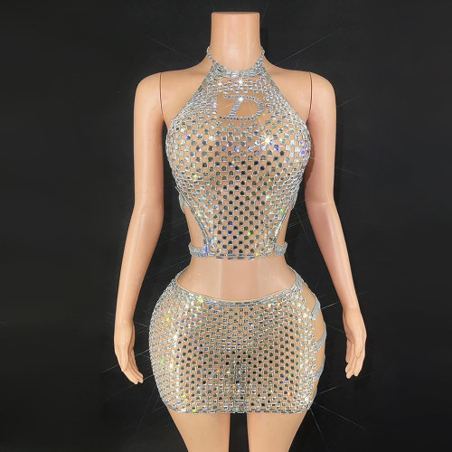 Summer New Bar Female Singer Appearing in Performance Dresses with Straps, Sequins, Short Sleeves, Hip Wraps, Super Short Skirts, Evening Dresses