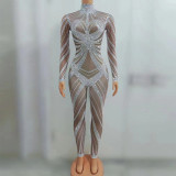 Hot selling European and American feng shui diamond sequin mesh transparent long sleeved jumpsuit elastic hip wrap jumpsuit stage performance clothing