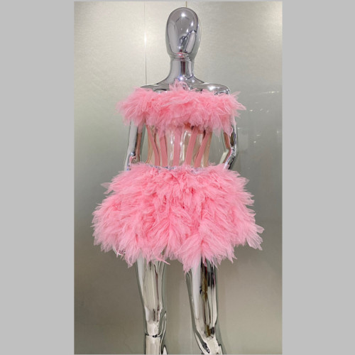 AliExpress cross-border hot selling sleeveless pink fluffy skirt sexy stage performance clothing birthday party