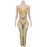 Cross border hot selling European and American style transparent mesh sequin wrap hip skirt sleeveless sexy tight fitting long dress evening dress performance suit