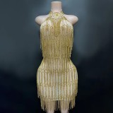 Amazon Cross border European and American Sexy Mesh Diamond Chain Tight Wrapped Hip Dress Female Singer Stage Performance Clothing