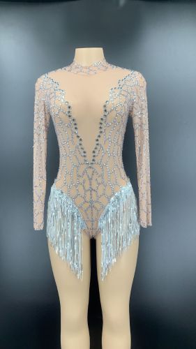 AliExpress Europe and America cross-border hot selling sexy backless sequins tassel wrap buttocks jumpsuit stage performance Costume