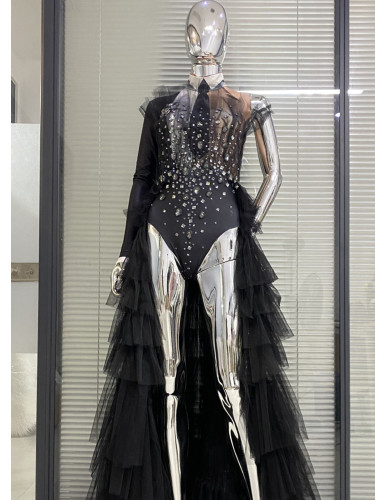 Cross border e-commerce Amazon black single sleeved high elastic tight fitting suit with trailing mesh sexy female singer stage performance costume