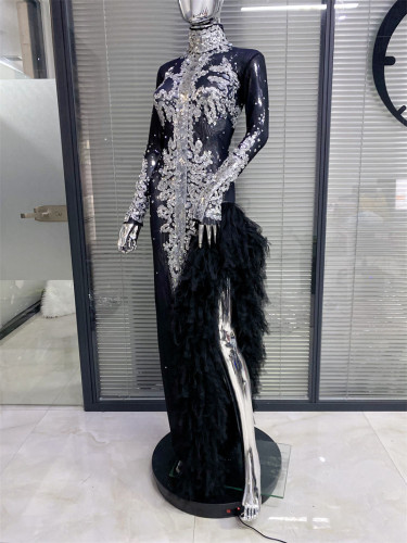 STOCK cross-border hot selling black and white long sleeved sequined rhinestone wrapped buttocks long dress birthday party performance dress