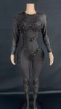 Hot selling European and American feng shui diamond sequins, mesh transparent long sleeved jumpsuit, elastic stage performance suit, buttocks wrapped jumpsuit
